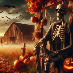 Naklejka premium A scary skeleton on the farm background with pumpkins. Banner Halloween automn