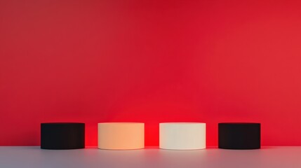 Stylish modern cylinders displayed against a vibrant red background, ideal for showcasing contemporary design and aesthetics.