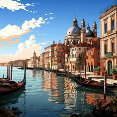 Fototapeta premium Retro 8-bit Pixel Art Depiction of Venice’s Famous Gondolas and Bridges