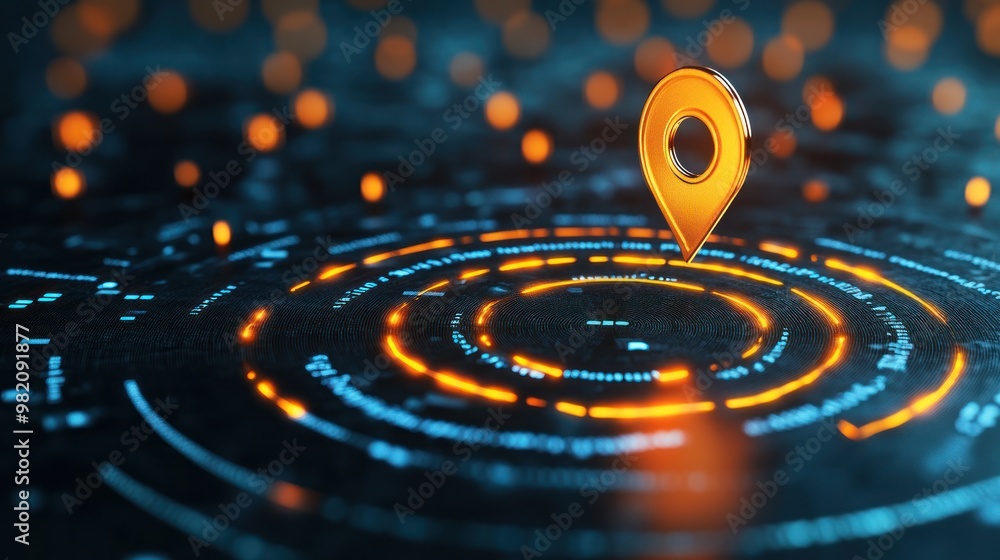 Aufkleber a digital representation of a location pin amidst glowing circular patterns.
