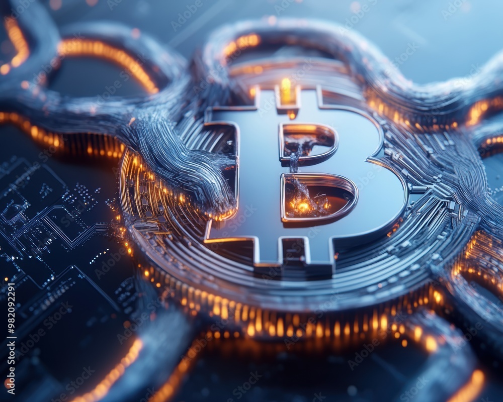Poster futuristic bitcoin representation with intricate digital connections and glowing details on a dark b