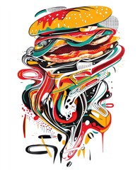 A vibrant, abstract illustration of a burger with colorful, flowing elements.