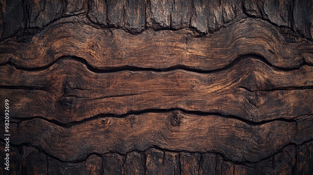 Poster close-up of a rustic, dark brown wooden texture with intricate grain patterns, perfect for backgroun