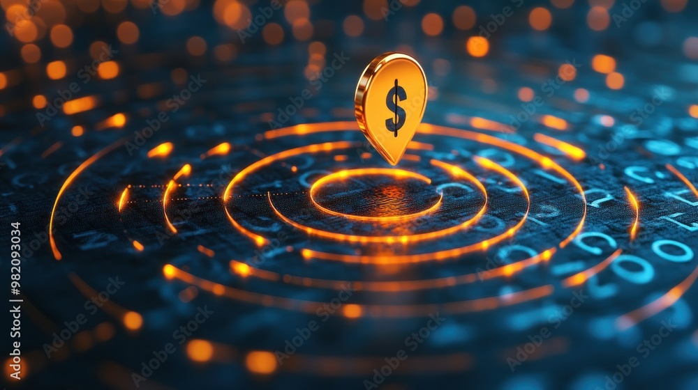 Poster a digital dollar symbol surrounded by glowing data patterns, emphasizing finance and technology.