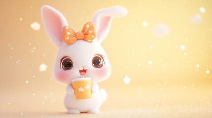 Fototapeta premium Cute cartoon rabbit holding a cup in a soft pastel setting, surrounded by glowing sparkles, creating a cheerful atmosphere