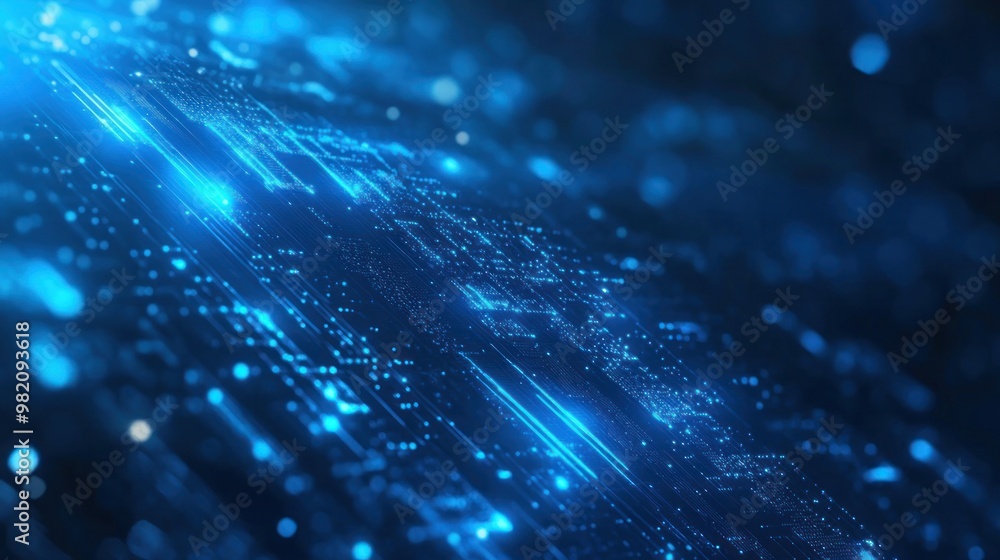 Poster abstract blue digital background with glowing lines and particles.