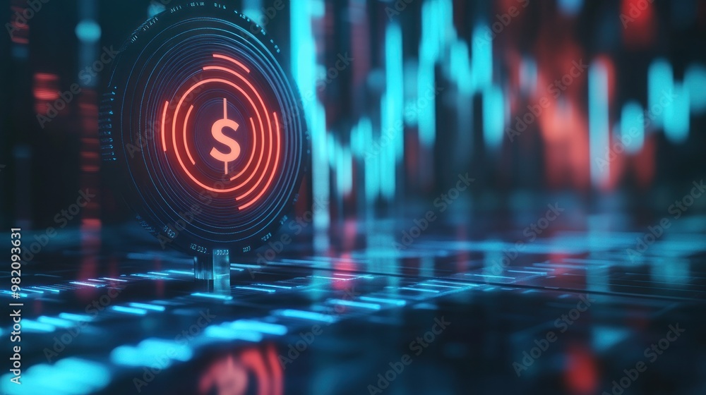 Poster a digital representation of currency with financial data visualizations.