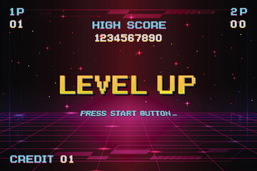 LEVEL UP. pixel art .8 bit game. retro video game. for game assets. Retro Futurism Sci-Fi Background. glowing neon grid and star from vintage arcade computer games