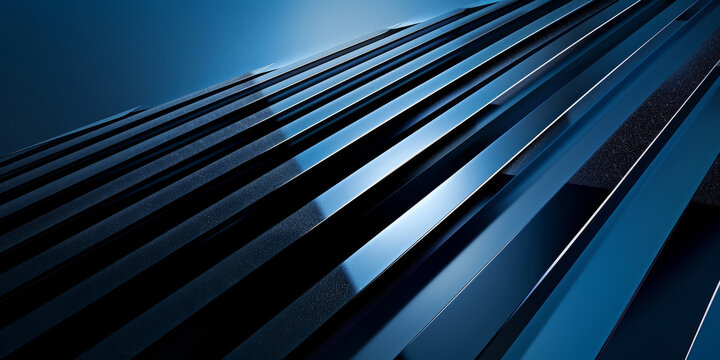 Minimalist abstract design featuring black lines and geometric forms on a dark blue gradient, with reflective metal strips creating sharp, light-defined edges.