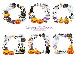 水彩手書きタッチのハロウィンモチーフのかわいいフレームデザインセット