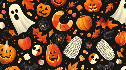 Fototapeta premium pattern showcasing autumn fruits and Halloween treats, like candy corn and apples, in pastel colors.