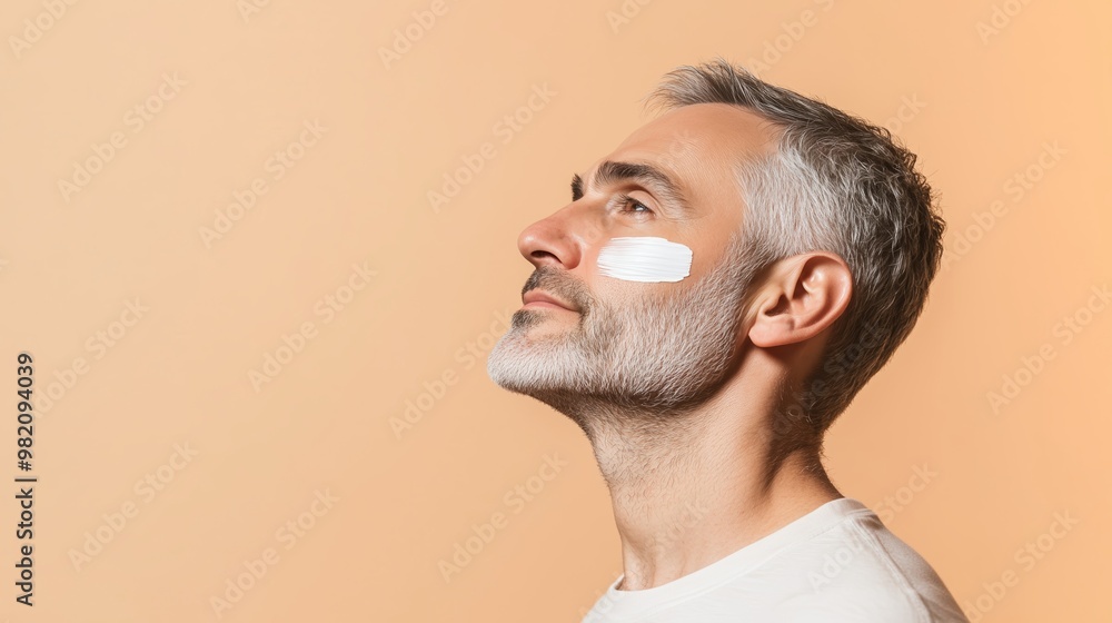 Poster man applying facial cream at home with a calm expression against a warm background in the afternoon 