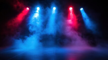 Obraz premium A dramatic stage scene with colorful lights and fog, creating an atmospheric effect.