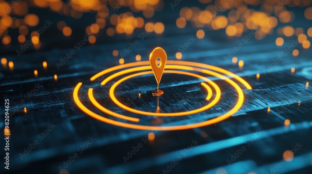 Aufkleber a digital representation of a location pin surrounded by concentric circles of light.