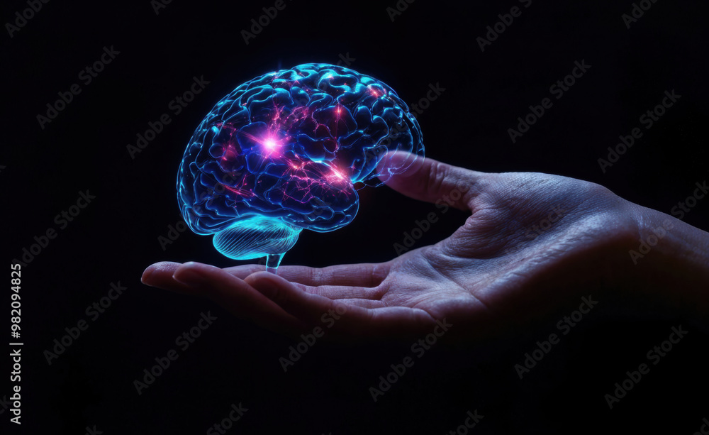 Poster hand holding glowing brain representing artificial intelligence