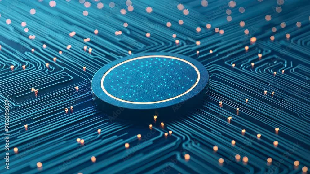 Poster a futuristic digital circuit board with glowing elements and a central circular design