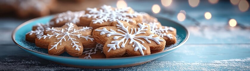 Fototapeta premium Delicious snowflake-shaped cookies on a blue plate, beautifully decorated with icing, perfect for festive occasions.
