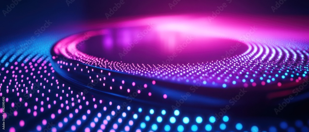 Poster a vibrant, illuminated abstract design featuring glowing dots in a circular pattern.