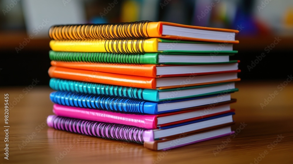 Poster a stack of colorful notebooks arranged neatly on a wooden surface.
