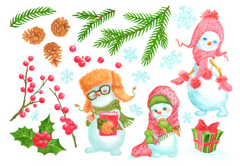 Set of winter characters and elements. Cute watercolor snowmen, coniferous tree branches, holly twigs and berries, pine cones, snowflakes and gift. Isolated objects for season and Christmas designs