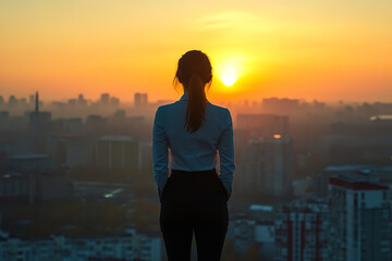 Fototapeta premium Successful Businesswoman Overlooking Cityscape from Sky-high View 
