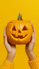 Hands holding a carved Halloween pumpkin, isolated on a yellow background.