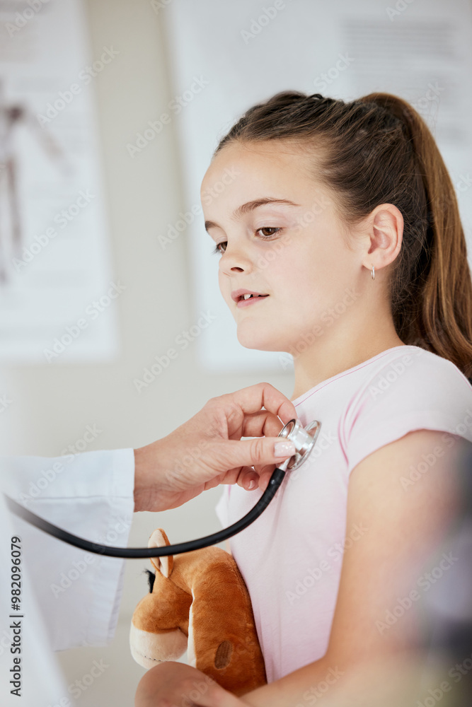 Canvas Prints Pediatrician, girl and serious with stethoscope for heartbeat or rate on consultation and appointment. People, doctor and worried kid as patient at hospital for healthcare support, trust and care