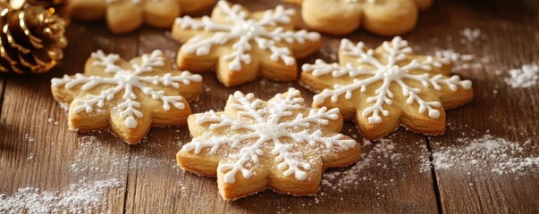 Fototapeta premium Delicious snowflake-shaped cookies dusted with sugar, perfect for festive celebrations and winter gatherings.