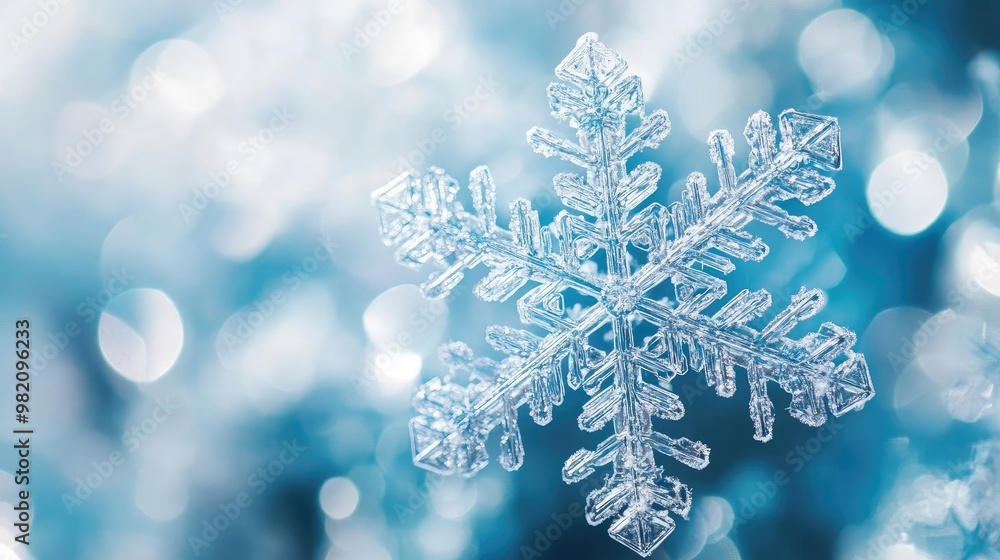 Poster close-up of a delicate snowflake reflecting light, surrounded by a soft blue background, capturing t
