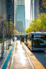 Obraz premium A Sustainable City Street Features Electric Buses. The Buses Run Quietly And Efficiently, Reducing Urban Pollution