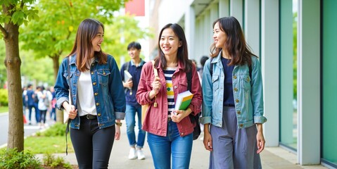 Happy Asian Female Students Walk Through College Campus Holding Bags and Books