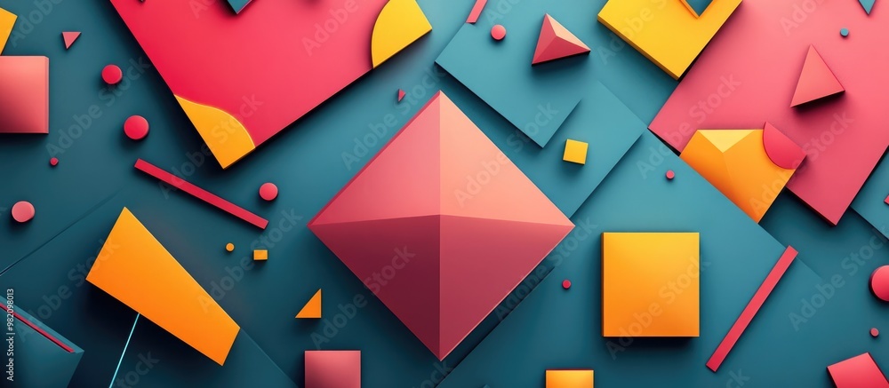Poster abstract illustration featuring unusual modern material design with square and triangle shapes
