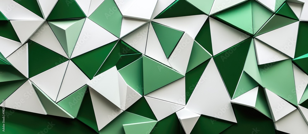 Poster A striking illustration showcasing a pattern of white and green triangles The geometric design harmonizes these vibrant colors resulting in an engaging and dynamic composition