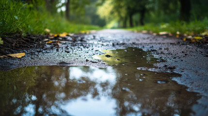 Fototapeta premium The ground was wet with puddles after the morning rain.