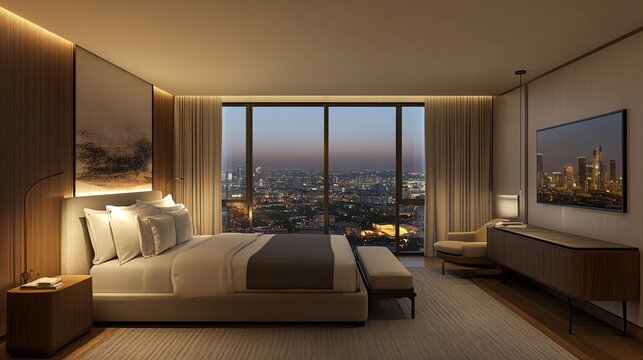 Fototapeta Luxurious bedroom with a king-size bed and a stunning view of the city skyline at night.