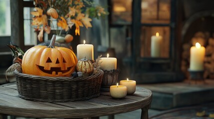 Obraz premium A charming autumn decor scene with a wicker basket full of pumpkins, Jack's Pumpkin, and candles on a wooden table, enhancing the cozy feel of the living room.