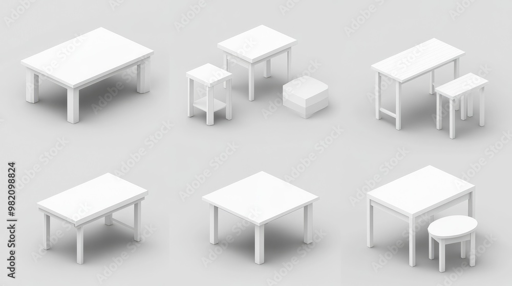 Poster isometric 3d rendering of a low poly white minimalist table showcased from multiple orthographic per