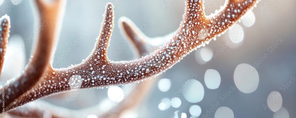 Poster close-up of a sparkling antler with glistening dew under soft light, creating a serene and enchantin