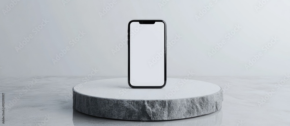Poster 3d rendering of a mobile phone with a white screen positioned on a circular stone pedestal lying fla