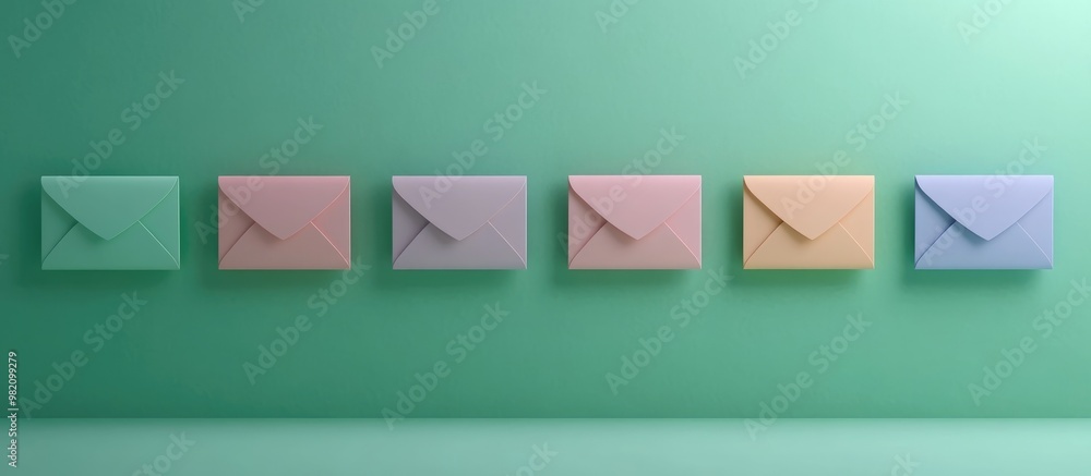Poster three dimensional render of a row of pastel colored envelopes arranged flat on a green backdrop