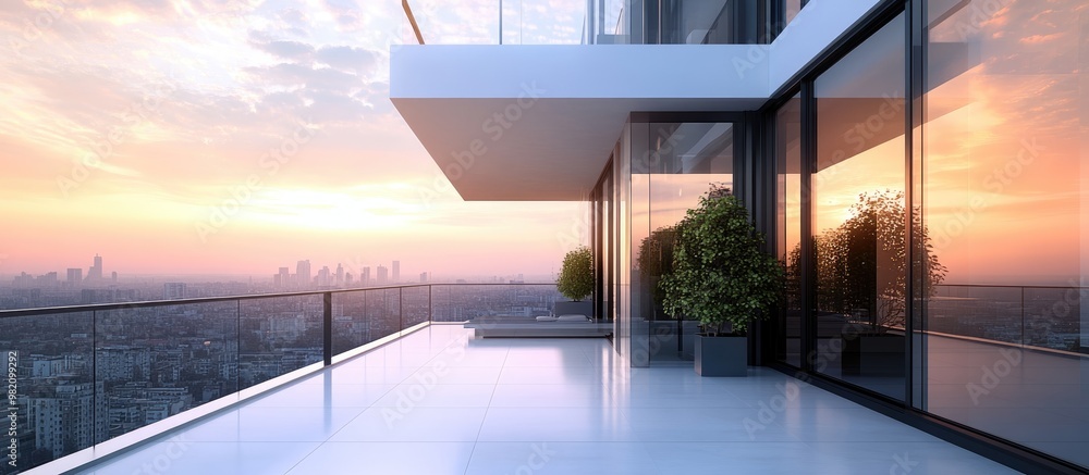 Poster 3d rendering of modern apartment architecture featuring a balcony showcasing urban buildings and a c