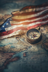 Vintage compass alongside a map and American flag, commemorating Columbus Day