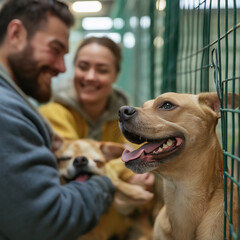 A heartwarming scene at an animal shelter where people are meeting and adopting pets. Smiling staff help families choose dogs and cats, while the animals look excited and hopeful