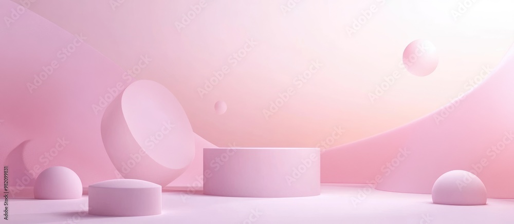 Poster light pastel lavender pink backdrop featuring a minimalistic 3d render of podium stands and geometri