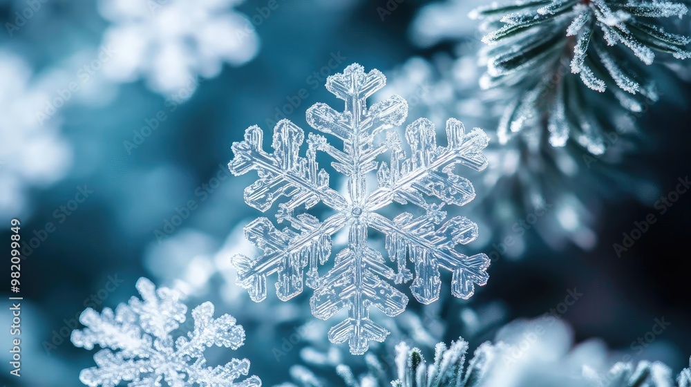 Poster a close-up of delicate snowflakes resting on pine needles, showcasing intricate patterns in a serene