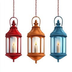Obraz premium Colorful lanterns hanging with candles, adding warmth and charm to any space. Perfect for home decor and festive occasions.