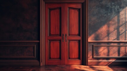 Elegant wooden double doors with warm sunlight casting shadows across an ornate, classic interior space with rich textures and deep colors.