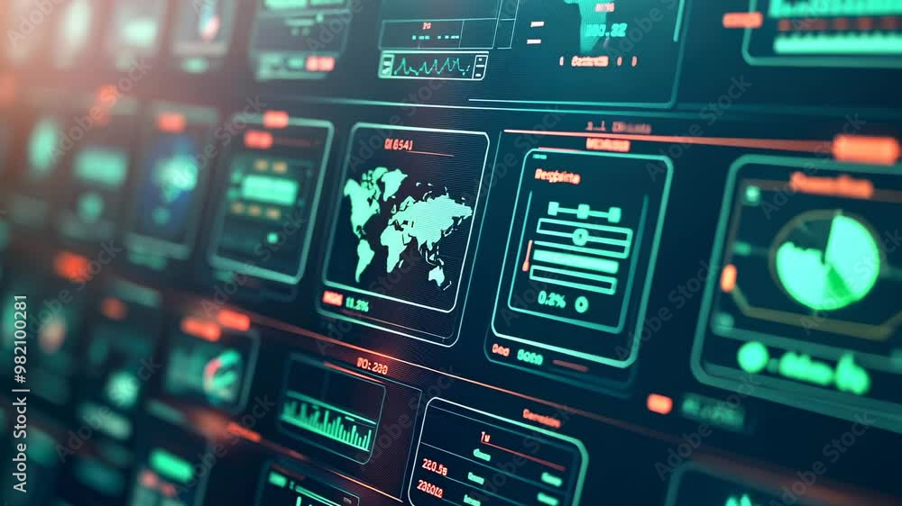 Poster futuristic digital interface displaying a world map with vibrant screens and data