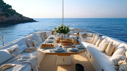 A glamorous yacht party on the deck of a luxury boat, with stunning views of the Sardinian coast and the endless blue sea beyond
