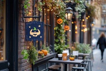 Autumnal Halloween Cafe: A cozy cafe decked out for Halloween with pumpkin decorations, string lights, and a charming storefront sign. Enjoy the festive atmosphere and anticipate a spooky treat. 